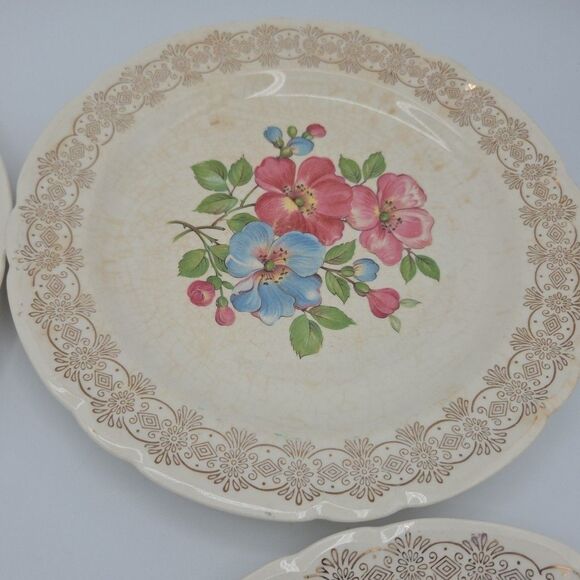 French Saxon China 22k Blossomtime 9.25 Inch Diameter Gold Plates Set Of 4 Lot 1 - Picture 5 of 10